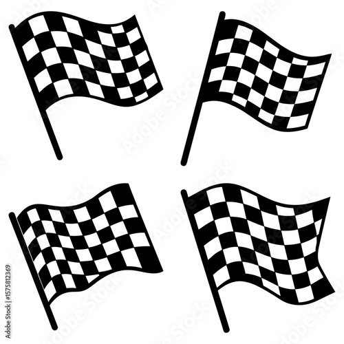 Four checkered flags in black and white waving in different directions on flagpoles shown here