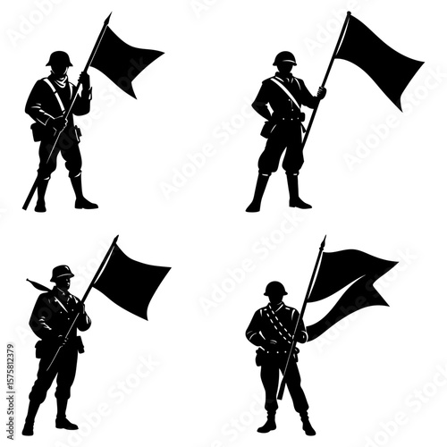 Four black silhouette images of soldiers holding flags in various poses on a white background art