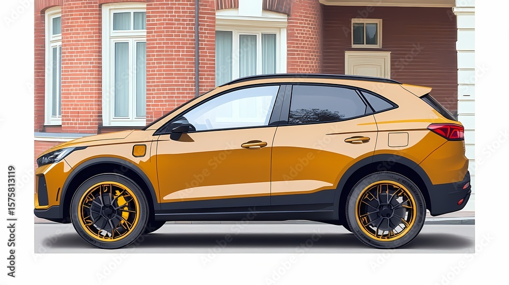 Obraz premium Side view of a golden yellow SUV.