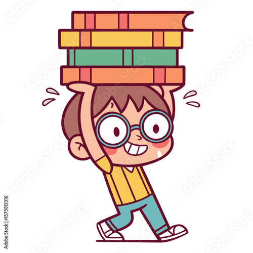 Young student with glasses carrying a large stack of books with a happy expression
