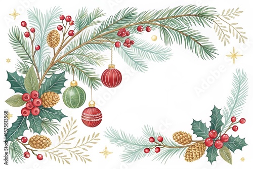 Vector Christmas Branches Border with Christmas Decorations on White Background