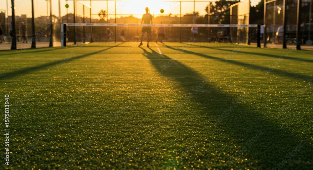 Obraz premium Padel players silhouetted on a green court at golden hour sunset, with long shadows stretching across the vibrant turf