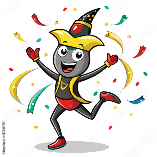Cheerful, stylized character with party hat and confetti, in a dynamic pose