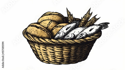 Basket of bread, fish, and wheat.