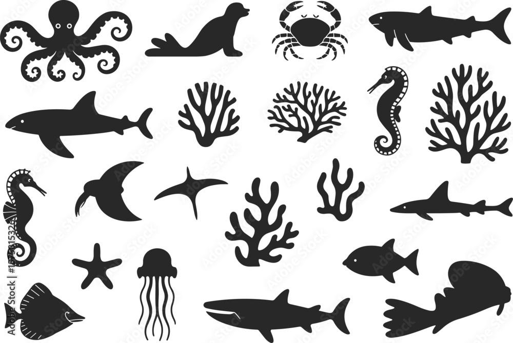 Naklejka premium Silhouette collection of various marine animals and coral reef shapes, including sharks, octopus, seahorses, starfish, jellyfish, and underwater sea life icons