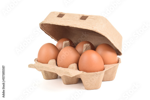 Open egg box with brown eggs isolated on white background with clipping path. Fresh organic chicken eggs in carton pack or egg container
