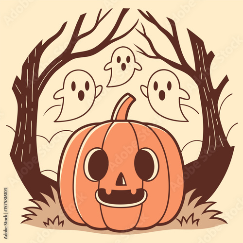 Charming Halloween Scene Featuring a Happy Jackolantern Surrounded by Spooky Ghosts and Bare Tree Branches