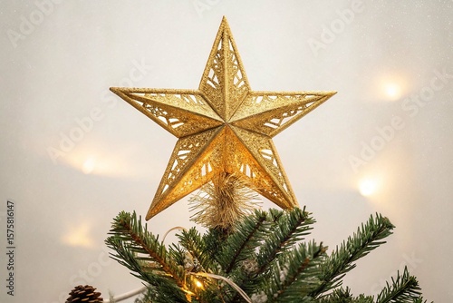 Golden Star Christmas Tree Topper on White Background