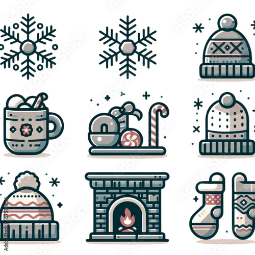 Winter and Christmas line icon set. Collection of cozy holiday symbols including snowflake, warm hat, hot chocolate, fireplace, and socks. Outline vector illustration