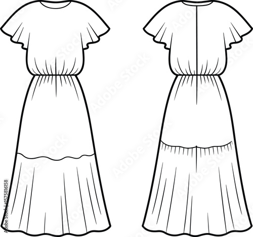 Elegant tiered maxi dress with flutter sleeves, gathered waist, curved seam panel, fashion flat sketch front and back vector illustration