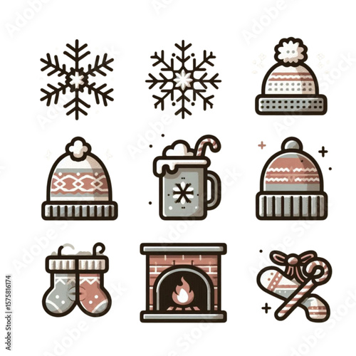 Cozy winter and Christmas icon set. Collection of holiday symbols including snowflake, beanie hat, hot chocolate, fireplace, and candy canes. Modern outline vector illustration