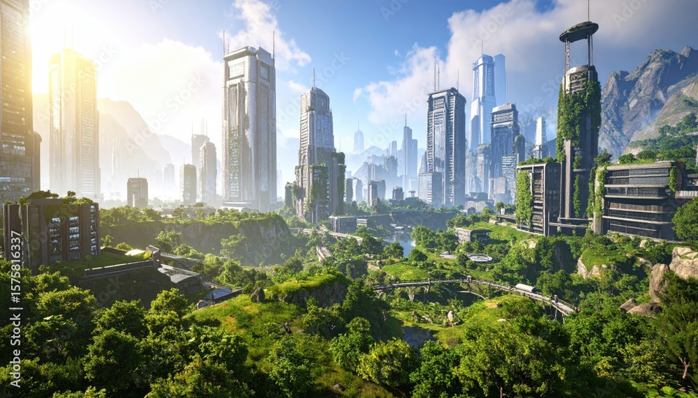 Obraz premium Futuristic city overtaken by nature