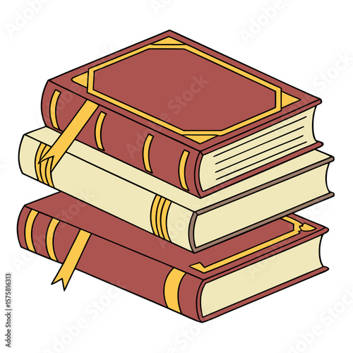 A Stack of Old Fashioned Books with Ribbons Resting on a White Background