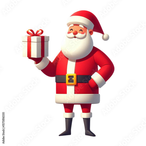 Jolly Santa Claus 3D cartoon character holding a gift box, Christmas holiday vector illustration