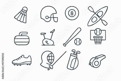 Vector illustration of 12 uncommon minimalist sports equipment line art icons in a 3×4 grid for fitness apps, athletic branding, sports club logos, and active lifestyle creative designs

