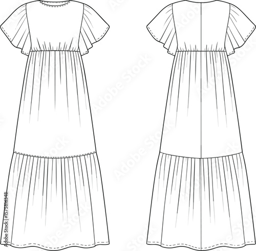Flowy tiered maxi dress with flutter sleeve design, gathered waistline, technical flat sketch front and back CAD vector illustration