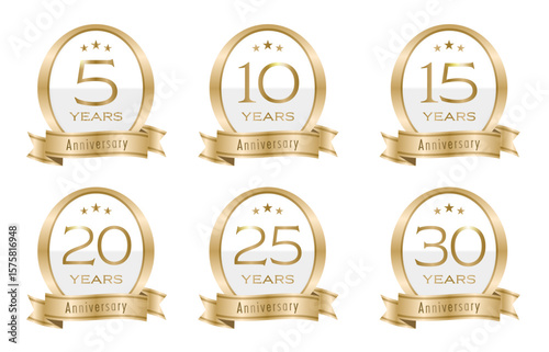 周年・10周年・15周年・20周年・25周年・30周年のアニバーサリーロゴ(anniversarry logo エンブレム 月桂樹 お祝い ベクター 編集可能 シンプル リボン メダル 青 金メダル)	
