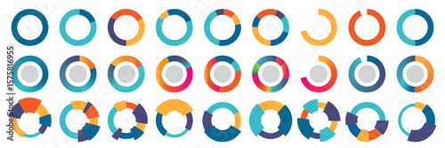 circle infographics set. Pie chart set, segmented circle icons, circle diagram. Infographic wheel segment or sections parts.