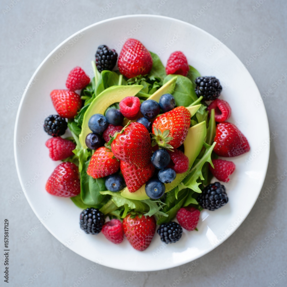 Obraz premium Fresh berry and avocado salad on a white plate