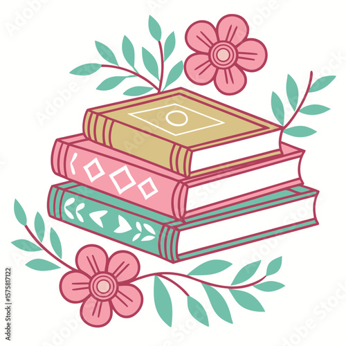 Beautiful Stack of Books Decorated with Flowers and Leaves