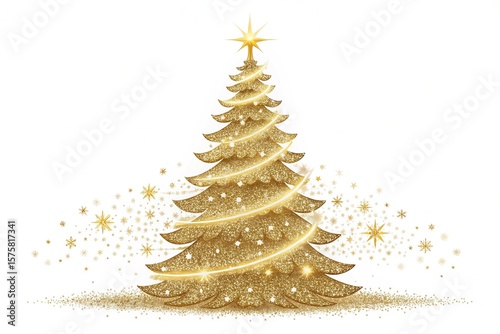 Set of shiny Christmas tree. Glittering lights in the form of a Christmas tree with bright shining and glowing particles. Golden glowing spruce in a luxurious design. Vector on White Background