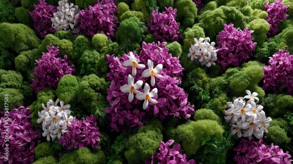 Purple and white flowers on moss background Purple and white flowers on moss background