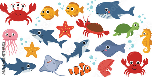 Cartoon sea animals collection including fish, shark, turtle, crab, whale, jellyfish, seahorse, ocean creatures for kids education