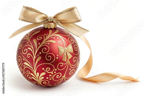 art Red Christmas ball with a beautiful bow and a golden pattern. christmas design element isolated on White Background