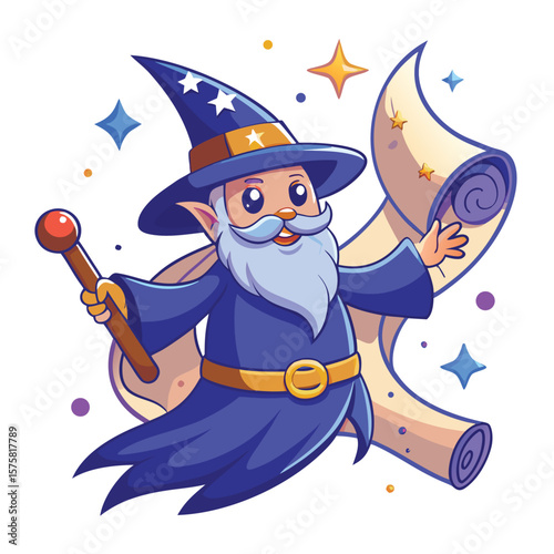 Cartoon wizard with a magic staff and scroll