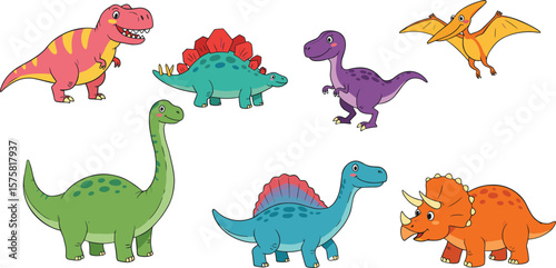 Colorful cartoon dinosaur collection for kids, including T-Rex, Stegosaurus, Pterodactyl, and more, on white background, fun educational illustration