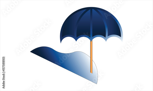 A blue umbrella which provides protection from raindrops A waterfall or body of water is visible below