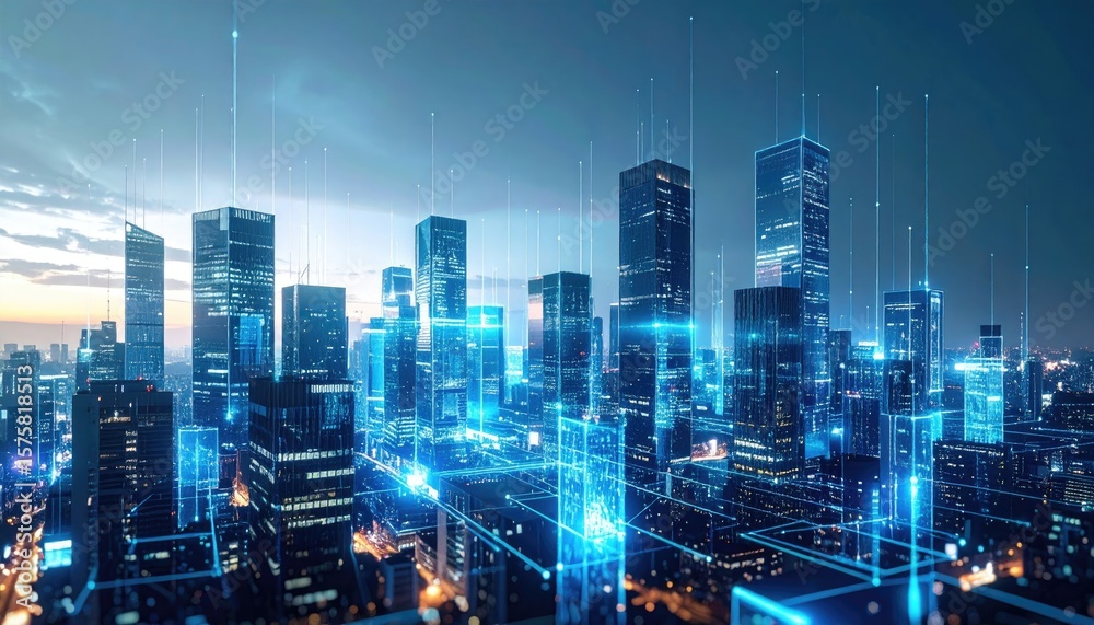 Obraz premium Futuristic city skyline at twilight