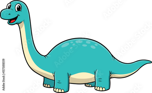 Cute cartoon dinosaur character illustration, smiling blue brachiosaurus for kids, educational prehistoric animal, isolated vector design for learning