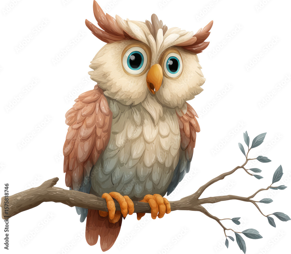Fototapeta premium Fluffy owl sits perched, looking sweetly curious and adorable