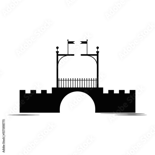 Black silhouette of a medieval castle gate with battlements and flags