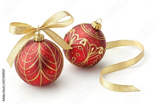 Christmas ornaments isolated on white background. Two red christmas balls with gold ribbon on white background