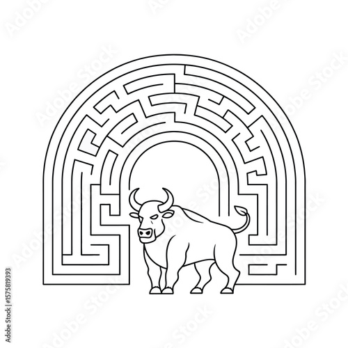 Bull standing before a complex maze labyrinth animal