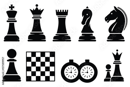 Chess pieces board and timers king queen