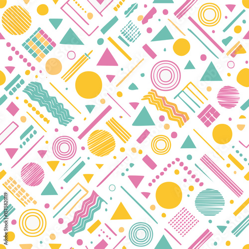 Bright pattern of squiggles, circles, triangles, and lines, 1980s Memphis style retro pop