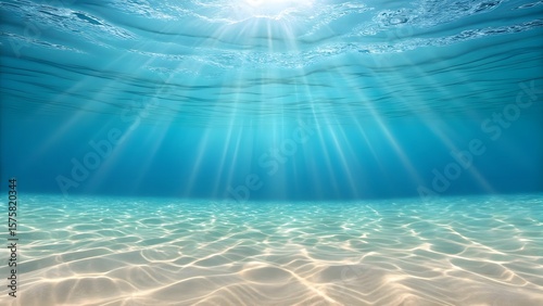 Underwater Sunlight Filtering Through the Ocean Surface Illuminating the Sandy Seabed with Ripples and Reflections Creating a Serene and Tranquil Aquatic Atmosphere