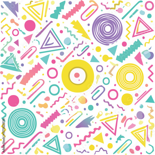 Bright pattern of squiggles, circles, triangles, and lines, 1980s Memphis style retro pop