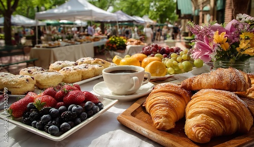 Festive Outdoor Event with Tables of French Croissants, Fruit Scones, Fresh Berries, and Coffee Under Canopy Stands