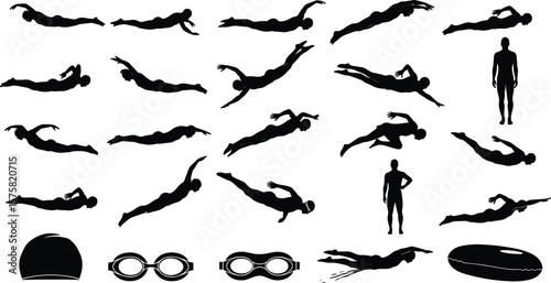 Silhouette swimmer poses and swimming strokes collection, male athlete swimming goggles and cap, various freestyle and backstroke swimming positions isolated on white background
