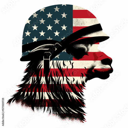 A Alpaca wear american flag print soldier helmet. Vintage Grunge Independence Day 4th of July Patriotic Usa America Retro Clipart. Llama in headgear banner design military covering.
