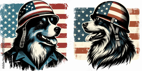 A Australian Shepherd Dog wear american flag print soldier helmet. Vintage Grunge Independence Day 4th of July Patriotic Usa America Retro Clipart. Aussie canine in headgear banner decor.