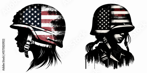 A black girl wear american flag print soldier helmet. Vintage Grunge Independence Day 4th of July Patriotic Usa America Retro Clipart. Young african female in stars and stripes headgear.