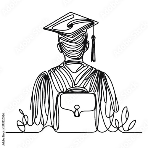 Graduation cap and gown design features a continuous line art illustration for education, student achievement, and academic success.