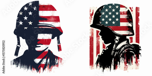 A boy wear american flag print soldier helmet. Vintage Grunge Independence Day 4th of July Patriotic Usa America Retro Clipart. Young child don star banner image trooper headgear.