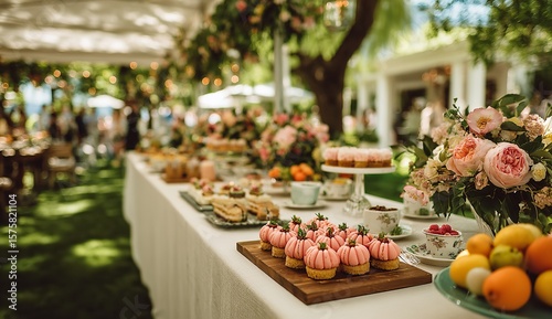 Outdoor Wedding Party with Guests Enjoying Pastries, Cookies, Cakes, and Macarons on Table Near White Tent and Colorful Flowers