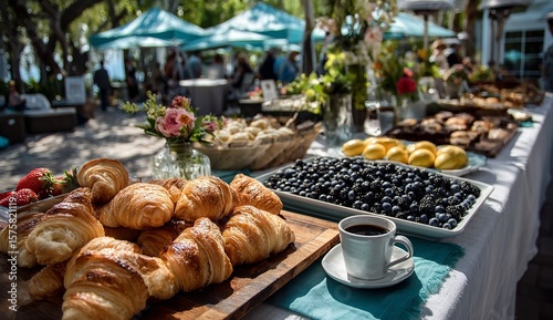 Festive Outdoor Event with Tables of French Croissants, Fruit Scones, Fresh Berries, and Coffee Under Canopy Stands
